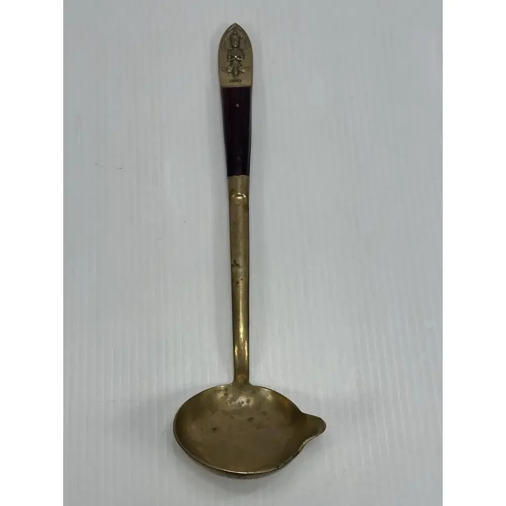 Vintage Nickel Bronze Wood Thailand Siam Buddha Flatware Serving Ladle 12